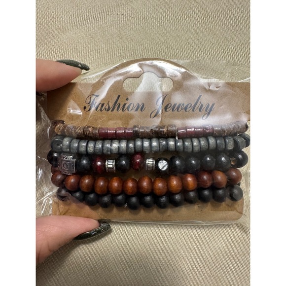 Mens Beaded Bracelet‎ Set Stackable Boho Wooden Style 5 Piece - Picture 7 of 7